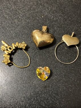 Gold Heart Pendants, #1 Mom, and Crystal Heart Charm - Women's Jewelry